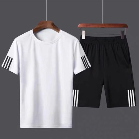 ชุดกีฬา เสื้อพร้อมกางเกงขาสั้น แบบ Unisex แถบ 3 ขีด ใส่วิ่งออกกำลังกาย ใส่สบายแห้งเร็วระบายอากาศดี